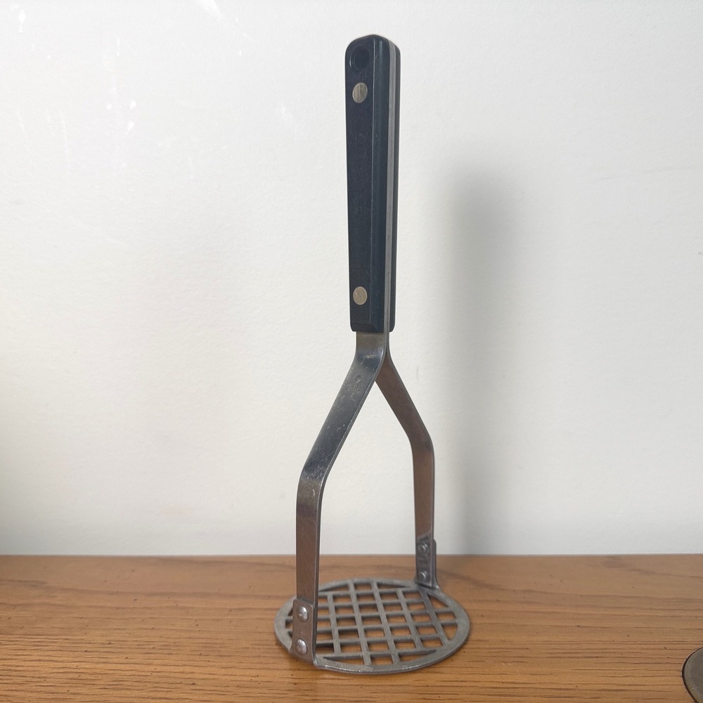 Vintage Flint Stainless Steel Potato‎ Masher Black Handle Made in USA